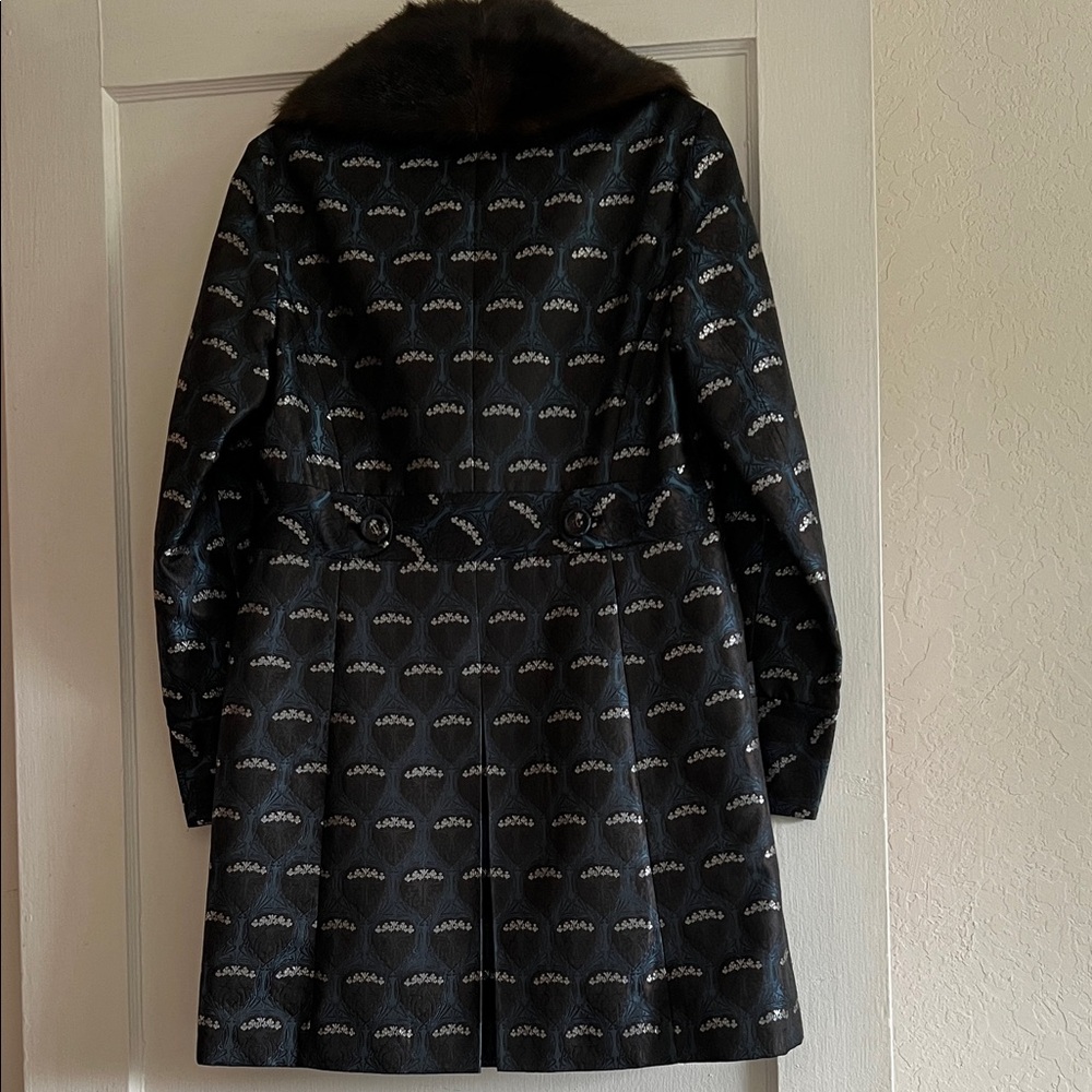Nine West Brown, Blue Navy and Silver Patterned Trench Coat with Faux Fur Collar - Picture 9 of 14